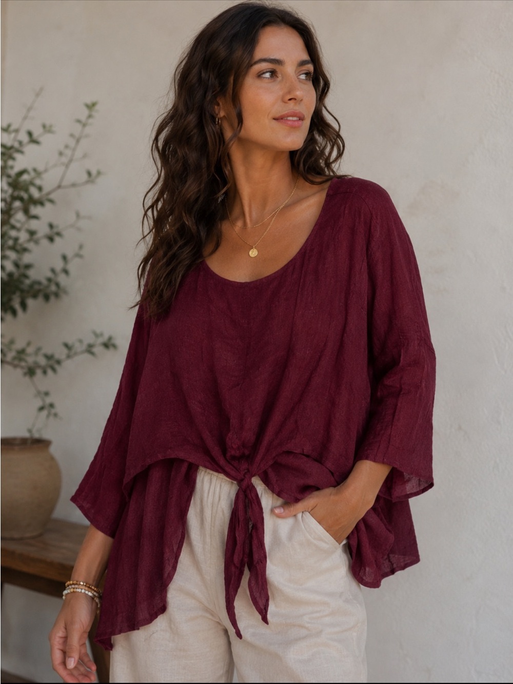 Umgee Women’s M 3/4 Sleeve Blouse Boho Tie Front Oversize Casual Ethereal Artsy